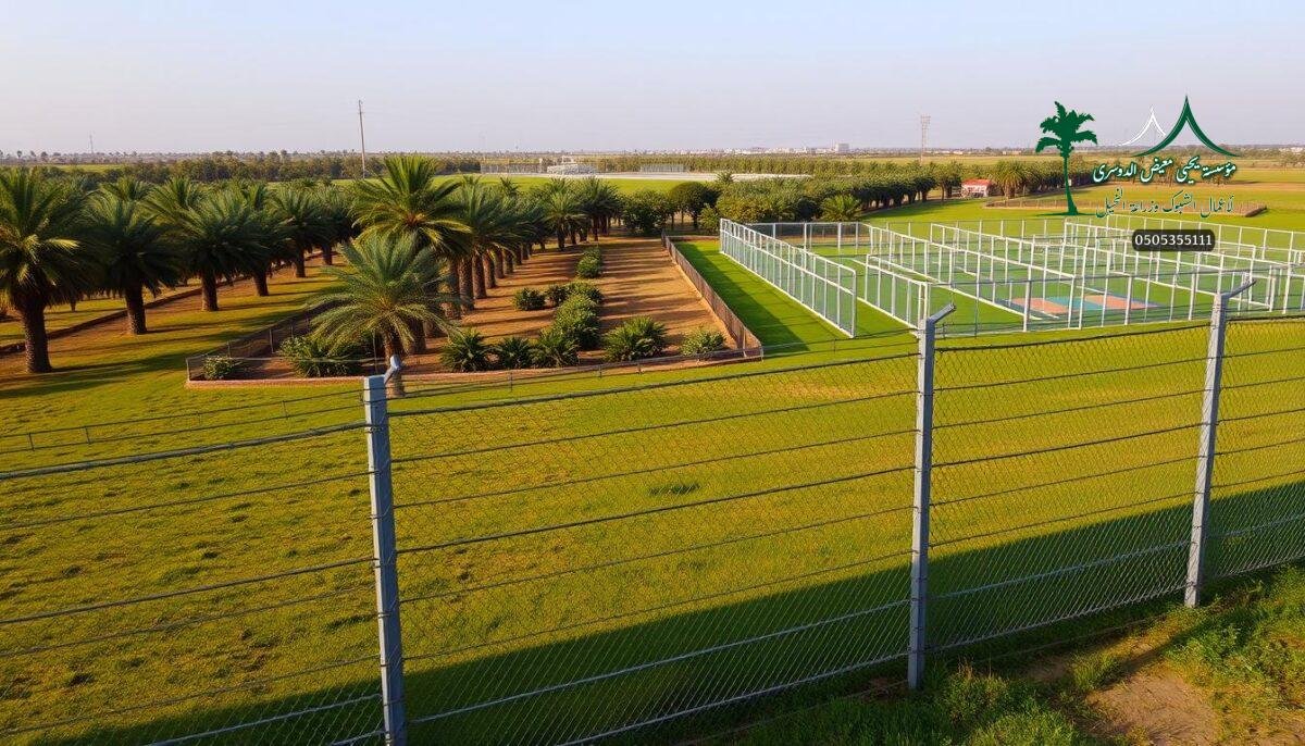 A comparison of sleek, high-security fencing systems against a backdrop of lush palm farms and verdant pastures. In the foreground, panels of interlocking metal bars and razor wire cast sharp shadows, conveying a sense of strength and protective vigilance. The middle ground features rows of sturdy, rust-resistant chain-link fences encircling paddocks for grazing livestock. In the distance, the warm glow of the setting sun illuminates a cluster of small, well-maintained padel courts, their fences blending seamlessly into the tranquil countryside. The overall scene evokes a harmonious balance between modern security measures and the pastoral beauty of the Saudi Arabian landscape.