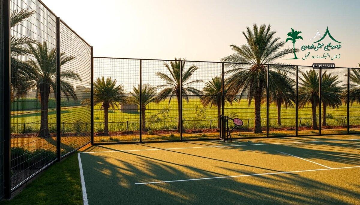 A contemporary steel mesh fence grid, crafted with precision, adorns a lush landscape of verdant palm groves and verdant farmland. The fence panels, available in standardized dimensions, cast dynamic shadows that interplay with the warm, golden sunlight filtering through the scene. In the foreground, a meticulously maintained padel court emerges, its surface primed for athletic pursuits. The composition captures the seamless integration of functional fencing solutions into the serene, agrarian setting of the Saudi Arabian countryside.
