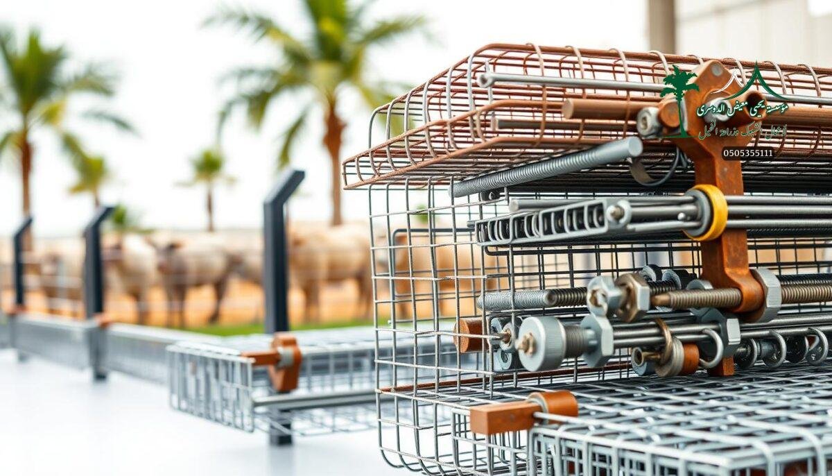 A detailed close-up view of the raw materials and manufacturing process for high-quality security fences in Saudi Arabia. Rust-resistant steel wire mesh, sturdy steel posts, and heavy-duty fasteners are meticulously arranged to showcase the durability and precision engineering that goes into constructing these protective barriers. A bright, evenly lit studio setting emphasizes the clean, industrial aesthetic, with a slight depth of field blurring the background of lush palm trees and faintly visible livestock pens, conveying a sense of the rural agricultural environment these fences are designed to safeguard.
