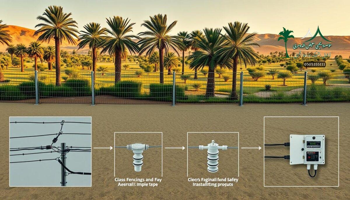 A detailed diagram showcasing the installation process of an electric security fence system. The scene depicts a middle-ground view of the fencing setup, surrounded by a lush landscape of palm trees and small padel courts, typical of the Saudi Arabian countryside. The foreground features the step-by-step assembly of the fence, with close-up shots highlighting the wiring, insulators, and control box. The background is illuminated by warm, directional sunlight, casting dramatic shadows and creating a sense of depth. The overall mood conveys a practical, informative tone, suitable for illustrating the safety requirements during electric fence installation.