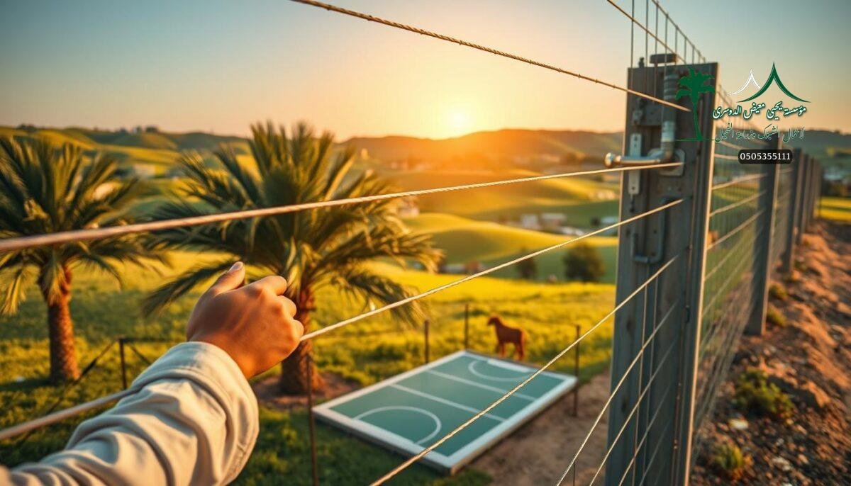 A detailed installation of modern agricultural fencing in a verdant Saudi Arabian landscape. In the foreground, a worker carefully weaves galvanized steel wire mesh into a sturdy fence post, capturing the technical process. The middle ground showcases the fence seamlessly integrated with lush palm trees and a small padel court, blending utility and aesthetics. In the background, rolling hills dotted with livestock farms create a picturesque pastoral scene, illuminated by warm, golden hour lighting. The overall composition conveys the importance of high-quality fencing to protect and maintain Saudi Arabia's thriving agricultural industry.