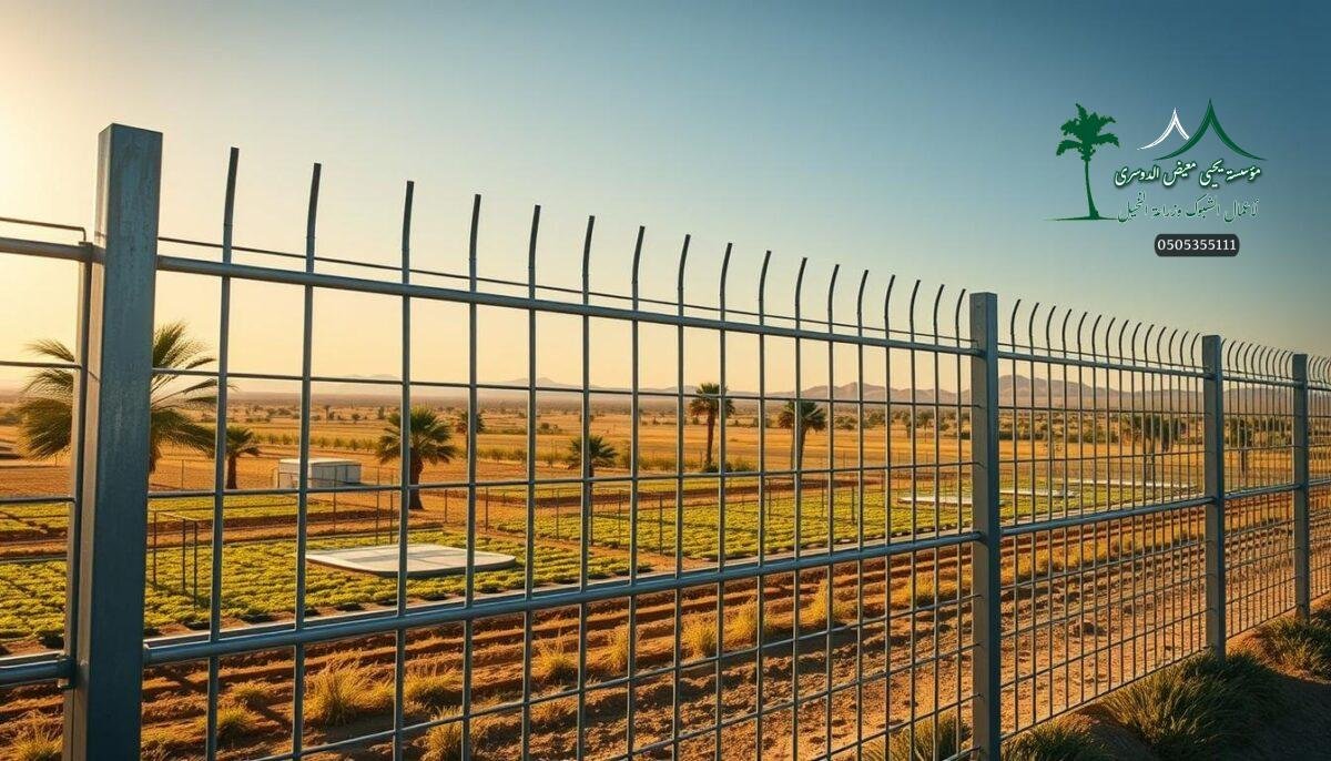 A high-quality galvanized metal farm fence, its vertical bars and horizontal rails forming a sturdy grid pattern, stretching across a picturesque Saudi Arabian countryside. The fence stands tall, casting long shadows from the warm, golden sunlight. In the background, lush palm trees and small padel courts dot the landscape, creating a serene, rural atmosphere. The fence's sleek, modern design suggests a focus on safety and security for the livestock and crops within the farms. The overall scene conveys a sense of quality, durability, and attention to detail in the execution of this essential agricultural infrastructure.