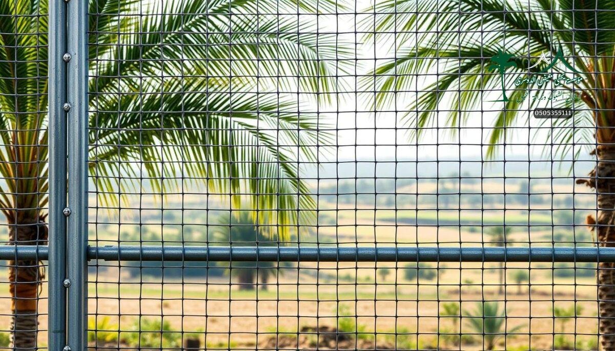 A high-quality galvanized steel mesh fence rises against a backdrop of lush green palm fronds and rolling farmland. The woven metallic pattern casts intricate shadows, creating a dynamic interplay of light and texture. In the foreground, the sturdy metal posts provide a robust and secure foundation, while the tightly-knit wire mesh offers reliable protection for livestock and property. The scene exudes a sense of rural tranquility, with the fence seamlessly blending into the serene Saudi Arabian landscape. Soft, diffused lighting illuminates the scene, lending a natural, almost ethereal quality to the image.