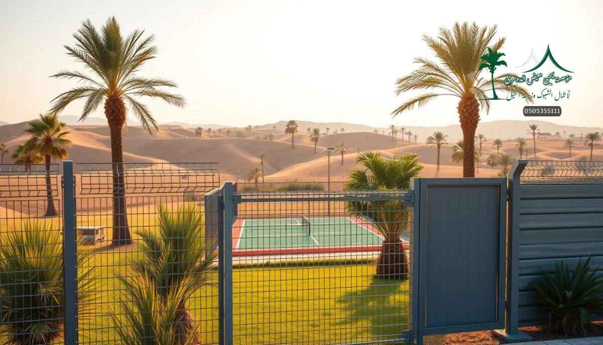 A lush Saudi Arabian landscape with rolling hills and vibrant palm trees in the distance. In the foreground, a diverse array of modern fencing solutions, including sturdy steel wire mesh and sleek aluminum panels, artfully blended to create a harmonious and practical composition. The fences seamlessly integrate with the surrounding environment, providing both security and a visually appealing aesthetic. Intricate patterns and textures of the fencing materials catch the warm, golden light, casting dynamic shadows and highlighting the craftsmanship. In the middle ground, a small padel court stands as a testament to the versatility of these fencing systems, seamlessly incorporated into the scene. An atmosphere of rural tranquility and attention to detail pervades the entire image, reflecting the care and expertise that goes into selecting and installing the right fencing solutions in Saudi Arabia.