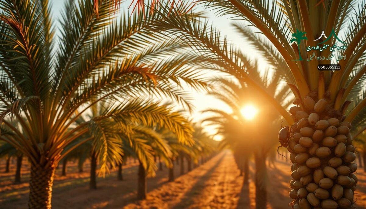 A lush date palm grove in the Saudi Arabian countryside, the vibrant red fronds of the Red Palm Weevil (سوسة النخيل الحمراء) gently swaying in the warm breeze. The imposing, towering palms cast long shadows across the fertile fields, their clusters of ripe golden dates beckoning. In the foreground, the distinctive beetle with its curved snout and glossy carapace crawls along the bark, a subtle yet ominous threat to the thriving orchard. Warm, golden sunlight filters through the leaves, illuminating the scene with an air of tranquility, even as the destructive pest looms. A quintessential image of the challenges faced by Saudi date palm farmers, the delicate balance between nature's beauty and its potential for devastation.