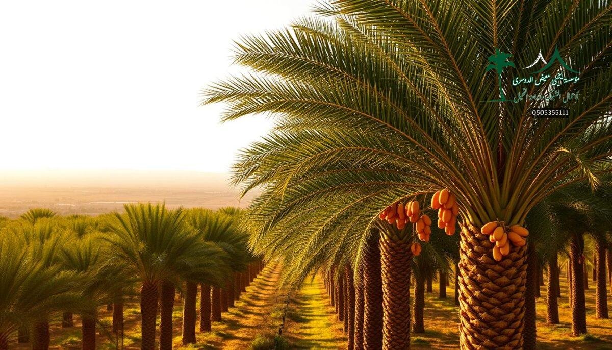 A lush date palm oasis against the backdrop of a vast, sun-drenched Saudi landscape. Rows of verdant trees sway gently, their clusters of succulent, golden-hued dates beckoning. In the foreground, the rich, textured trunks and fronds of the palms create a sense of depth and grandeur, while the middle ground reveals the expansive farmlands and rolling hills that characterize the region. The warm, golden light bathes the scene, imbuing it with a timeless, almost ethereal quality. This image captures the quintessential essence of the renowned Saudi date palm, a symbol of the country's agricultural bounty and cultural heritage.
