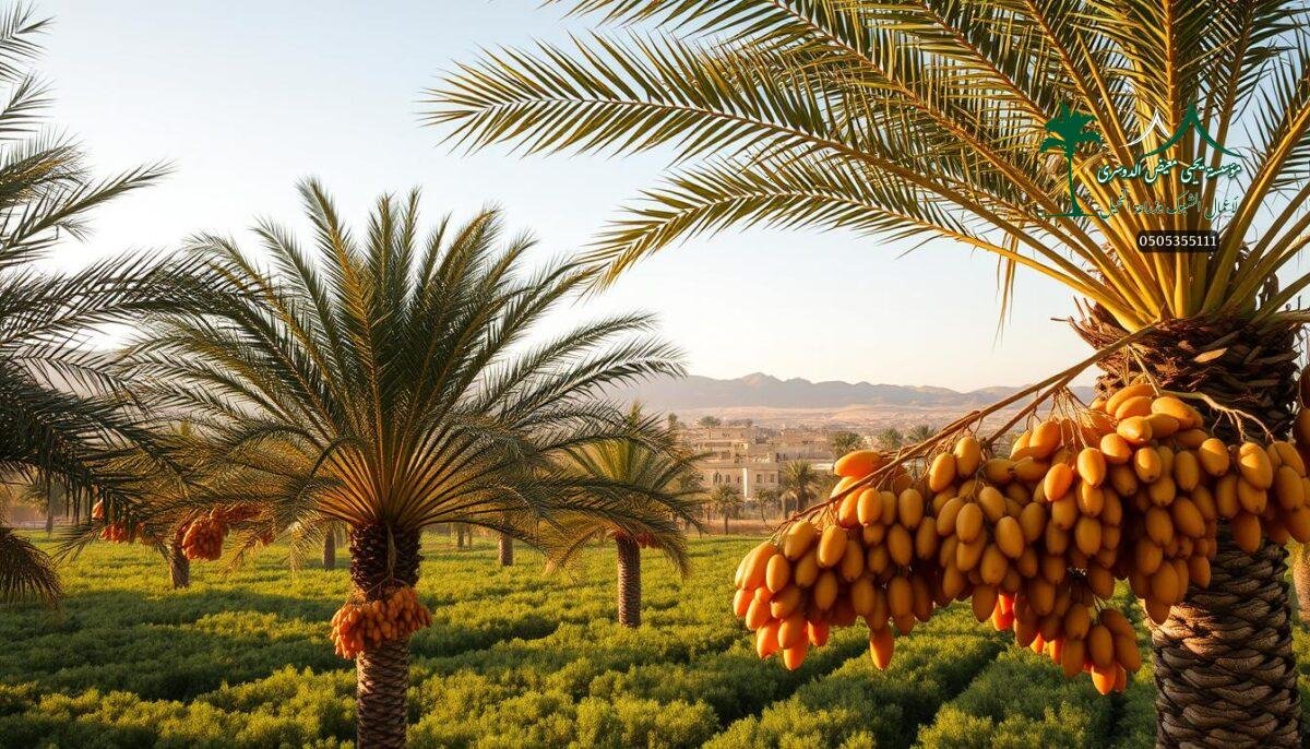 A lush date palm oasis in the heart of the Saudi Arabian countryside. Towering fronds sway gently in the warm breeze, casting soft shadows over the fertile fields below. In the foreground, healthy date clusters hang in abundance, their golden hues gleaming in the golden hour sunlight. The background features a traditional Saudi landscape, with rolling hills, distant mountains, and a cloudless azure sky. A sense of tranquility and abundance pervades the scene, inviting the viewer to learn the expert tips for cultivating this iconic desert crop.