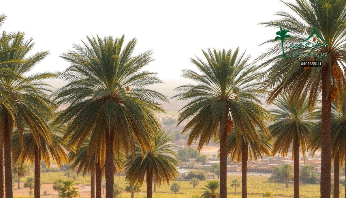 A lush date palm oasis nestled in the fertile lands of Al-Ahsa, Saudi Arabia. Tall, graceful trees sway in the warm breeze, their heavy clusters of golden-hued dates ripening under the bright sun. In the foreground, the palms' thick trunks and sprawling fronds create a verdant, almost jungle-like atmosphere. The middle ground reveals a patchwork of agricultural fields, dotted with traditional mud-brick buildings. The background is a hazy horizon, blending the desert and sky into a seamless tapestry. Capture the essence of this iconic Saudi landscape, bathed in soft, golden light and imbued with a sense of timeless tranquility.