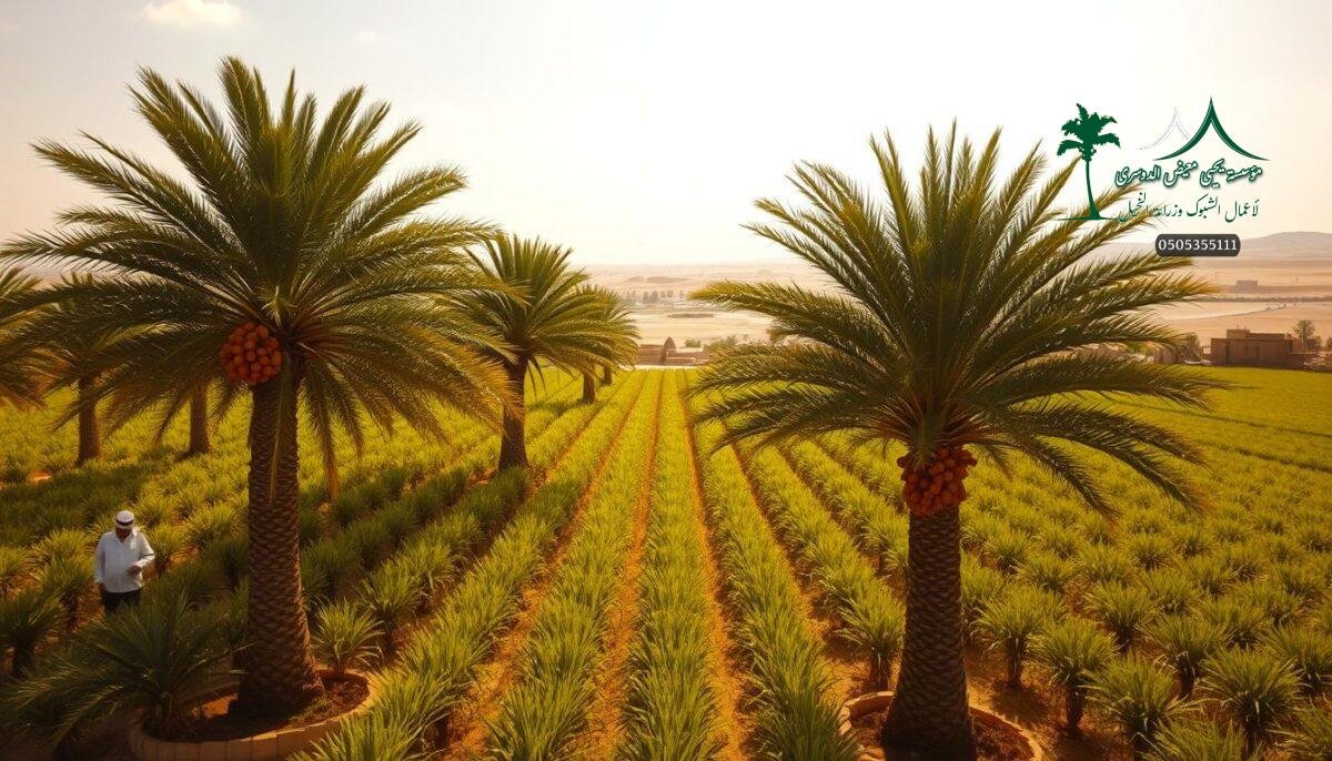 A lush date palm plantation in Saudi Arabia, with towering trees bearing vibrant, ripened fruits. In the foreground, agricultural workers carefully inspect the trees, examining for signs of disease. The middle ground showcases a well-tended field, with rows of healthy, green fronds swaying gently in a warm, desert breeze. In the distance, the expansive Saudi landscape unfolds, dotted with traditional mud-brick structures and rolling dunes. Soft, golden sunlight filters through wispy clouds, casting a warm, inviting glow over the scene. The overall atmosphere conveys a sense of diligent, modern farming practices harmoniously coexisting with the region's timeless, natural beauty.