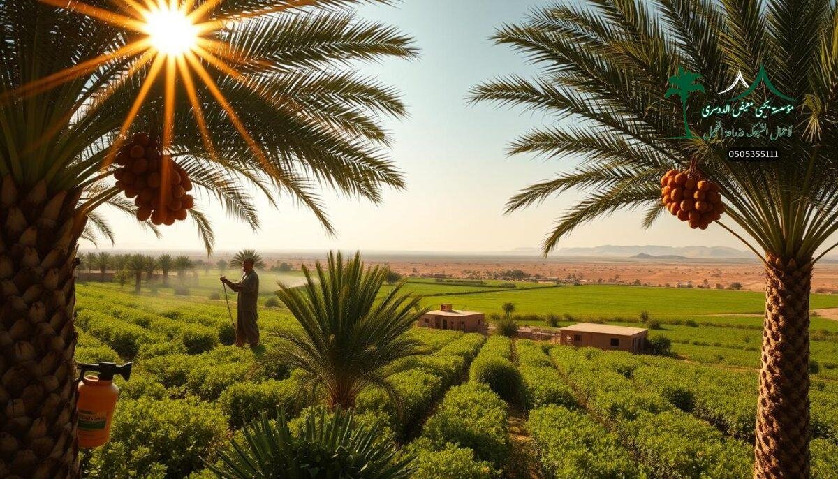 A lush date palm plantation in the Saudi countryside, the sun's golden rays filtering through the fronds. In the foreground, a farmer carefully sprays pesticide mist onto the trees, protecting the bountiful clusters of ripening fruit. The middle ground reveals a patchwork of verdant fields, with traditional mud-brick farmhouses dotting the horizon. The background is a panorama of the iconic Saudi landscape - rolling dunes, distant mountains, and a vast, cloudless sky. The scene radiates a sense of diligent agricultural stewardship, ensuring the health and vitality of this essential crop.