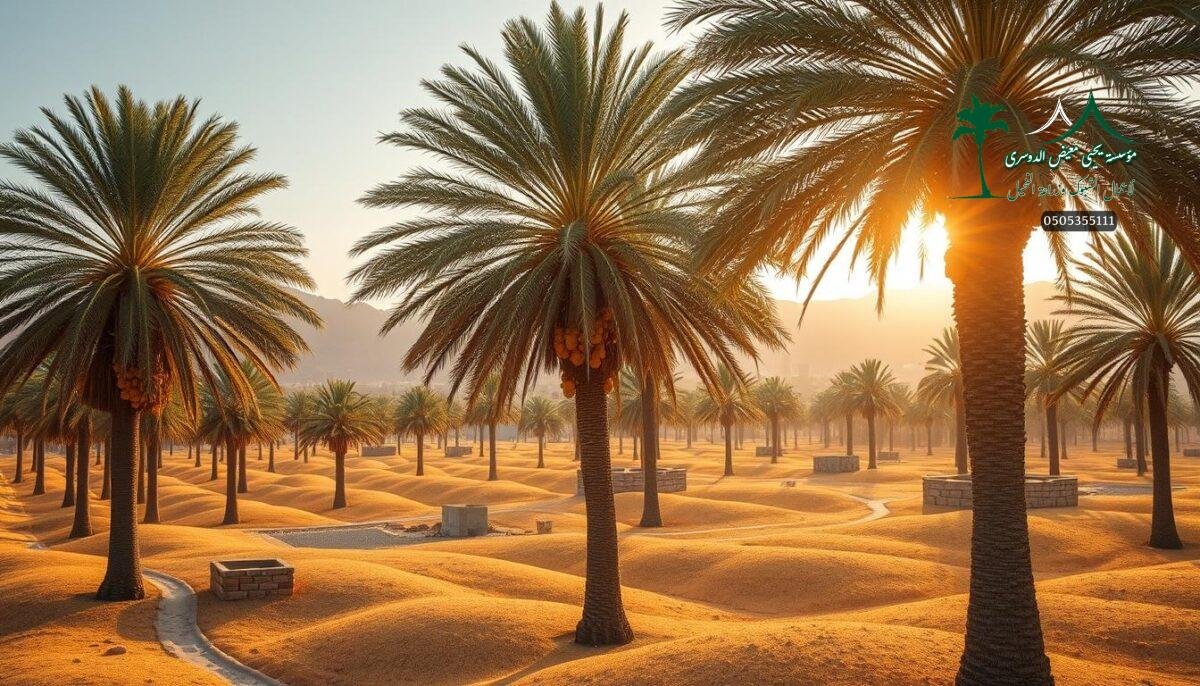 A lush landscape of thriving date palm orchards in the heartland of Saudi Arabia. Towering trees sway gently in the breeze, their heavy clusters of golden fruit hanging in abundance. The rolling fields stretch out in the foreground, dotted with traditional mud-brick structures and winding pathways. Warm, golden sunlight filters through the palm fronds, casting a serene glow over the pastoral scene. In the distance, the rugged silhouettes of desert hills rise up, creating a timeless, iconic backdrop for this quintessential image of Saudi Arabian agriculture.