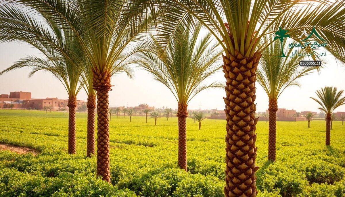 A lush oasis of date palm saplings, their slender trunks and vibrant fronds reaching towards the warm desert sun. Verdant agricultural fields stretch out in the background, framed by the earthy tones of traditional Saudi architecture. The scene exudes a serene, tranquil atmosphere, inviting the viewer to imagine the care and attention required to cultivate these prized date palm trees from their earliest stages. Soft, diffused lighting highlights the delicate textures of the young palms, as if capturing a moment of peaceful growth and flourishing potential within this timeless desert landscape.