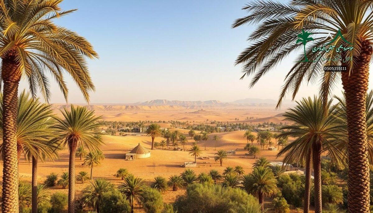 A lush oasis of date palm trees stands tall, their golden fruits glistening in the warm Saudi sun. Rolling agricultural fields stretch out in the middle ground, dotted with traditional mud-brick structures. In the distance, the arid yet captivating landscape of the Qassim, Al-Ahsa, and Riyadh regions comes into view, a testament to the rich history and thriving culture of date palm cultivation in the Saudi heartland.