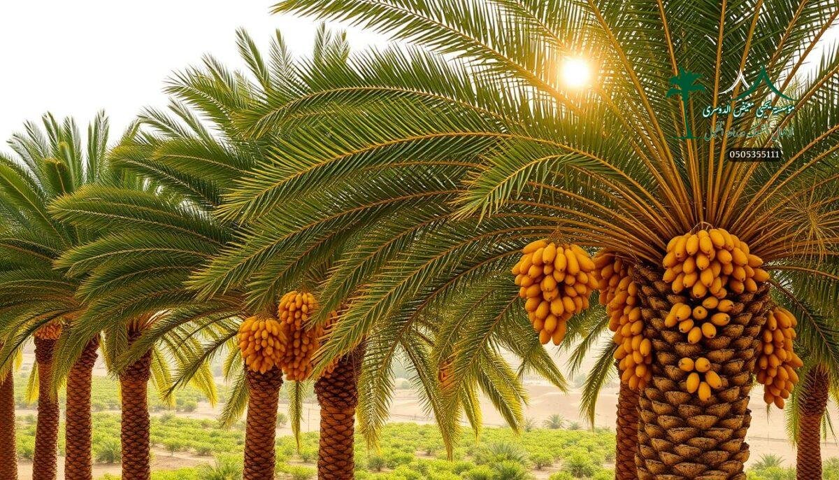 A lush oasis of towering date palms sways in the gentle desert breeze, their fruitful bounty casting a warm glow over the traditional Saudi landscape. Sunlight filters through the verdant fronds, illuminating the vibrant green leaves and the clusters of plump, golden dates hanging in ripe abundance. In the background, a patchwork of cultivated fields and rolling dunes stretch out, creating a serene and timeless scene that captures the essence of Saudi Arabia's revered date palm heritage.