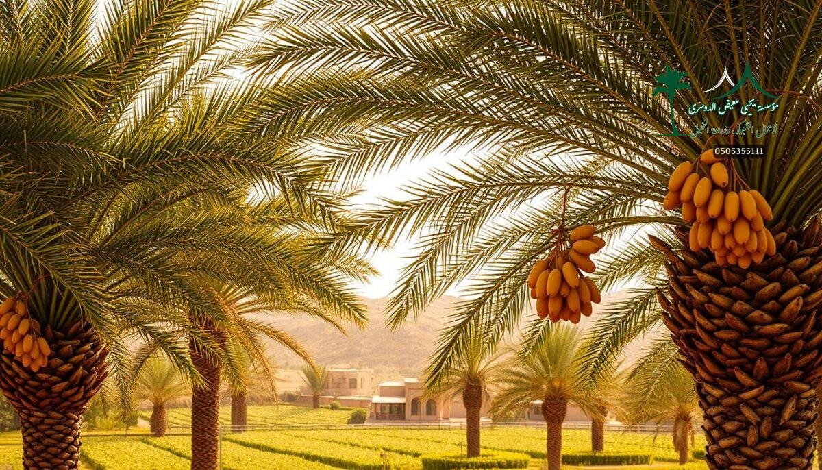 A lush oasis of verdant date palm trees, their fronds swaying gently in the warm desert breeze. Vibrant clusters of succulent, golden-hued fruits hang in abundance, a testament to the careful cultivation practices of the Saudi Arabian farmers. In the background, rolling fields of crops and the distinctive architecture of traditional Saudi homesteads create a picturesque, pastoral scene. Soft, diffused lighting casts a serene, golden glow over the entire composition, highlighting the importance of early preventative measures to ensure the health and prosperity of these vital agricultural assets.