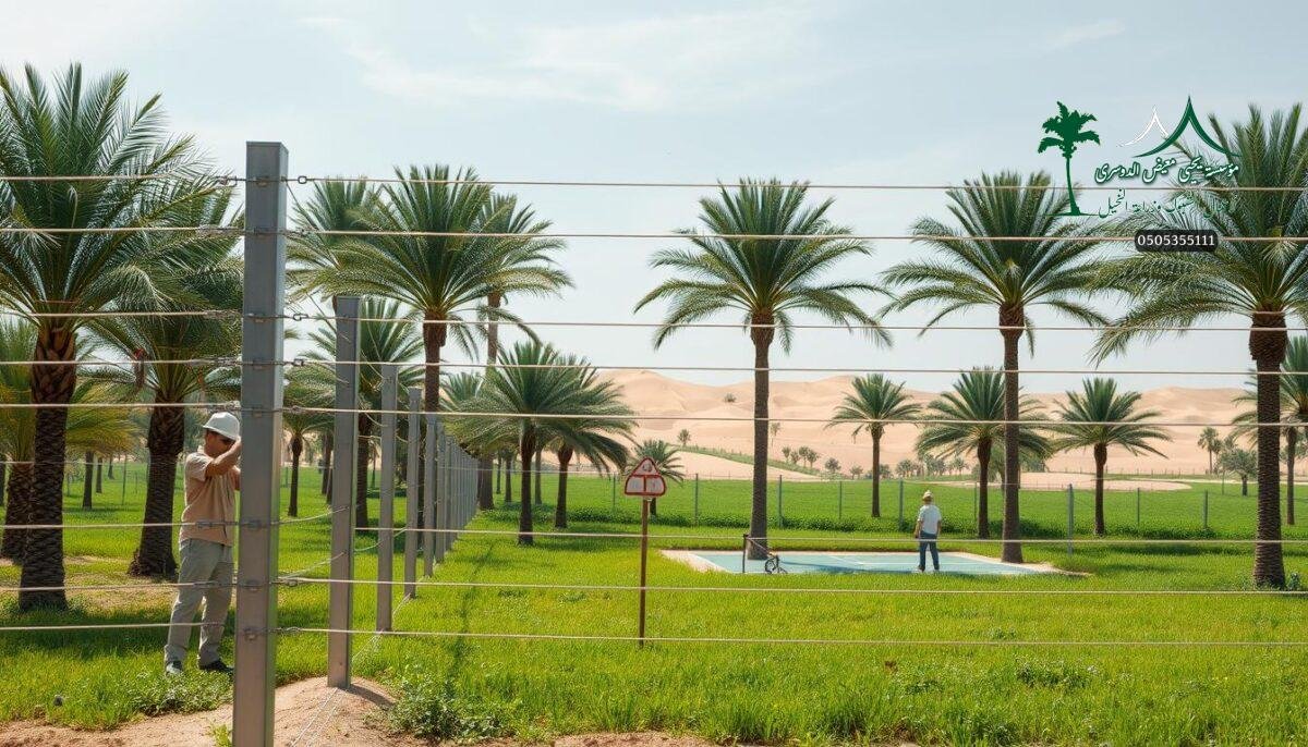 A lush palm grove against a cloudless Arabian sky, where a crew of skilled workers meticulously installs a state-of-the-art electric fence system. Sleek metal posts are driven into the fertile soil, their wires humming with a protective current. In the foreground, a worker expertly splices the cables, ensuring a seamless, secure barrier. The fencing stretches across the middle ground, cutting a precise line through the verdant landscape. In the distance, a small padel court nestles amidst the rolling dunes, its players oblivious to the intricate security measures safeguarding their surroundings. The scene conveys a sense of modern, efficient farm and livestock protection, blending Saudi Arabia's natural beauty with the latest advancements in electrical fencing technology.