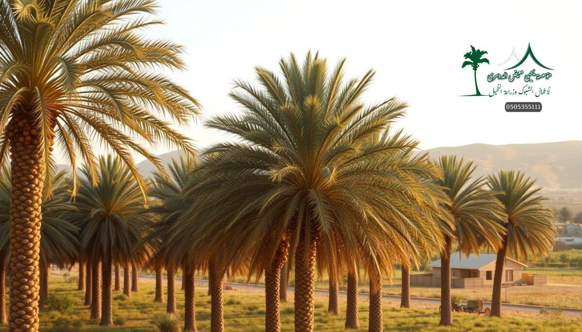 A lush palm grove in the fertile plains of Qassim, Saudi Arabia, showcasing the prized Sukkari date palms in their full glory. The towering trees stand tall, their broad fronds swaying gently in the warm breeze, laden with clusters of plump, golden-brown dates. The orchard is bathed in soft, golden light, casting a serene and tranquil atmosphere. In the background, traditional Saudi farmhouses and rolling fields add to the picturesque rural landscape. This image captures the essence of the most productive and sought-after date cultivars thriving in the region, a testament to the rich agricultural heritage of the Qassim province.