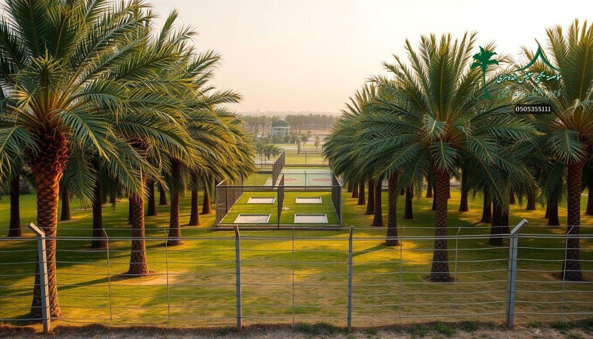 A lush palm grove stretches across the landscape, its verdant fronds swaying gently in the warm breeze. In the foreground, a sturdy, modern farm fence made of interlocking metal bars stands guard, its sleek lines and neutral hues blending seamlessly with the natural surroundings. The middle ground reveals a series of smaller padel courts, their fenced boundaries creating a harmonious pattern that echoes the larger perimeter. Warm, diffused lighting casts a soft, golden glow over the entire scene, evoking a sense of tranquility and pastoral charm. This comprehensive, multilayered fencing system provides both security and aesthetic appeal, seamlessly integrating the working farm with the picturesque Saudi Arabian countryside.