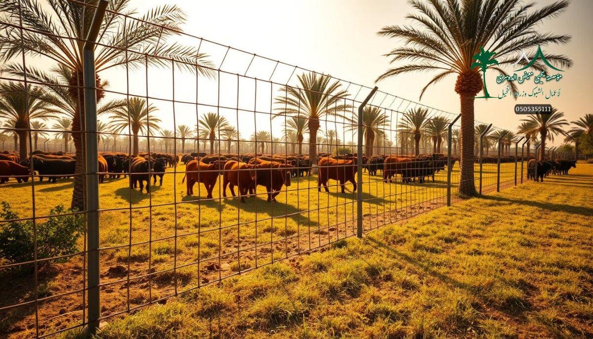 A lush, verdant farm landscape in Saudi Arabia, where elegant plastic-coated wire fences create secure boundaries. Slender metal posts support the uniform mesh, casting delicate shadows on the sun-dappled ground. The fences seamlessly integrate with the rustic palm trees and livestock, forming a harmonious, functional design. Warm, golden lighting illuminates the scene, evoking a sense of tranquility and practicality. The camera captures the fences from a low, slightly angled perspective, showcasing their robust yet visually pleasing construction. This image embodies the ideal balance of protection and aesthetics for modern farm and security applications.