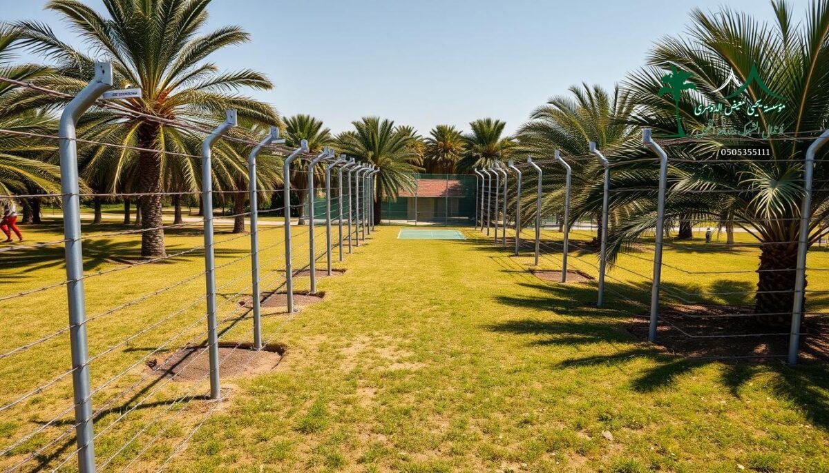 A meticulously crafted security fence adorns the perimeter of a lush Saudi Arabian palm farm. Sleek steel poles support a dense mesh of razor-sharp barbed wires, casting dramatic shadows across the sun-dappled ground. In the middle distance, a small padel court adds a touch of leisure amidst the agricultural landscape. The scene exudes a sense of robust protection, blending seamlessly with the verdant surroundings to create an impression of fortified security for the livestock and homestead beyond.