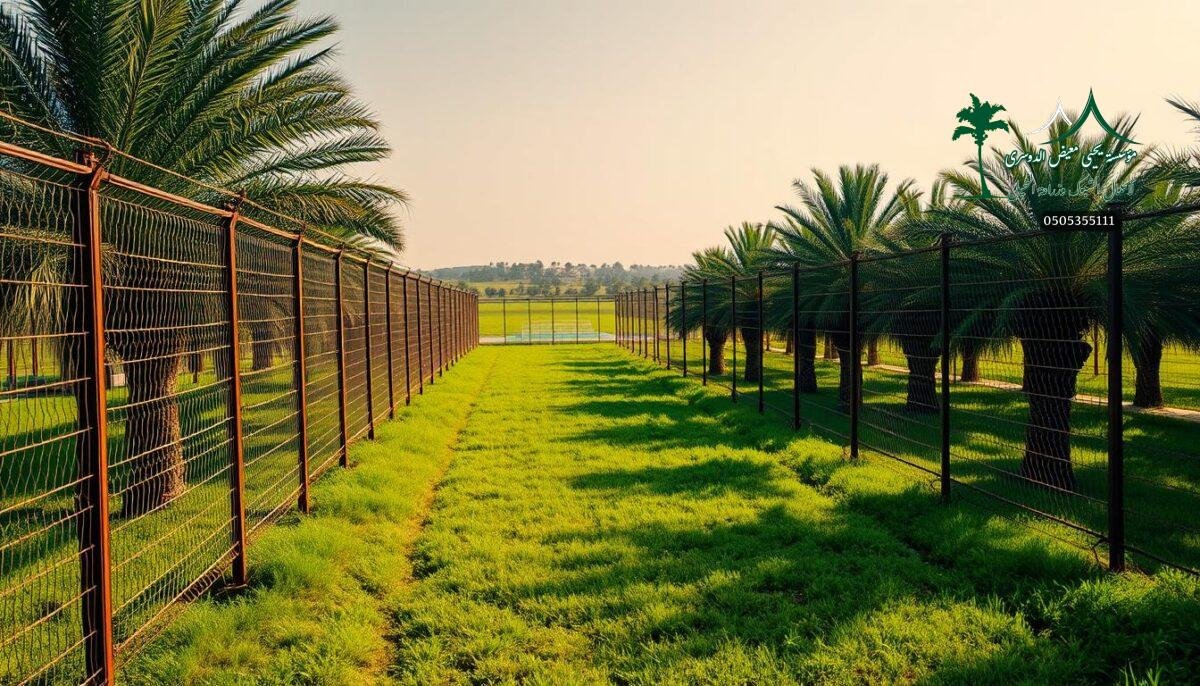 A modern, well-maintained farm with rows of sturdy, rust-resistant metal fences running across a vast expanse of lush palm groves and verdant livestock pastures. The fences, crafted with intricate lattice patterns, cast dynamic shadows that dance across the sun-dappled ground. In the distance, a small padel court emerges, its bright white lines and vibrant green surface seamlessly blending with the surrounding agricultural landscape. The scene is bathed in warm, golden light, conveying a sense of prosperity and security on this thriving Saudi Arabian farmstead.