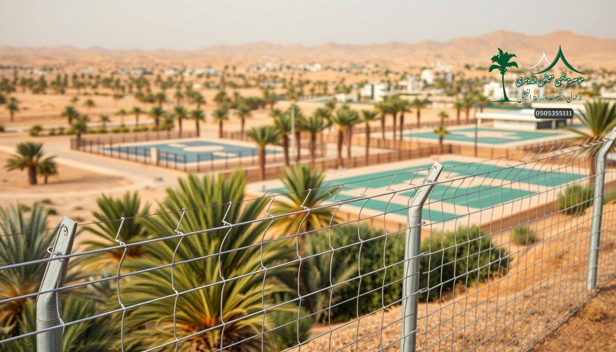 A picturesque landscape in Riyadh and Al-Qassim, Saudi Arabia, showcasing the seamless installation of protective wire fences. The foreground features sturdy, galvanized metal fencing meticulously woven to create a secure barrier, complemented by the lush greenery of nearby palm trees and livestock farms. In the middle ground, modern padel courts stand as a testament to the region's commitment to sports and community. The background is dominated by the warm, golden hues of the desert, creating a harmonious and tranquil atmosphere. Soft, diffused lighting illuminates the scene, highlighting the craftsmanship and attention to detail in the fence installation. The overall composition conveys a sense of safety, security, and the perfect balance between rural and urban elements in the Kingdom.
