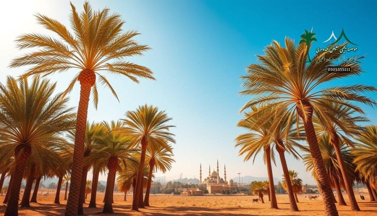A picturesque landscape of towering date palm trees, their golden fronds swaying gently in the warm desert breeze. The lush, verdant foliage contrasts against the sun-drenched, terracotta-hued soil of the traditional Saudi farmlands. In the distance, the iconic domes and minarets of the Riyadh skyline rise, framed by the serene, azure sky. The scene exudes a timeless, pastoral charm, capturing the essence of the region's rich agricultural heritage. A classic Arabian countryside vista, illuminated by soft, golden lighting that accentuates the natural beauty of the date palms and their bountiful, ripe fruits.