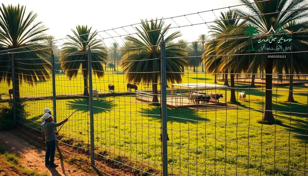 A rural farm in Saudi Arabia, surrounded by lush palm trees and verdant fields. In the foreground, a crew of skilled workers diligently installs a sturdy security fence, carefully interweaving the intricate metal wires to create a robust barrier. The fence stands tall, casting long shadows across the well-tended grounds. In the middle ground, a nearby livestock enclosure can be seen, its animals grazing peacefully. The scene is bathed in warm, golden light, reflecting the care and attention given to this important task of protecting the property. The overall atmosphere exudes a sense of security, order, and the seamless integration of modern farm infrastructure with the natural beauty of the Saudi countryside.