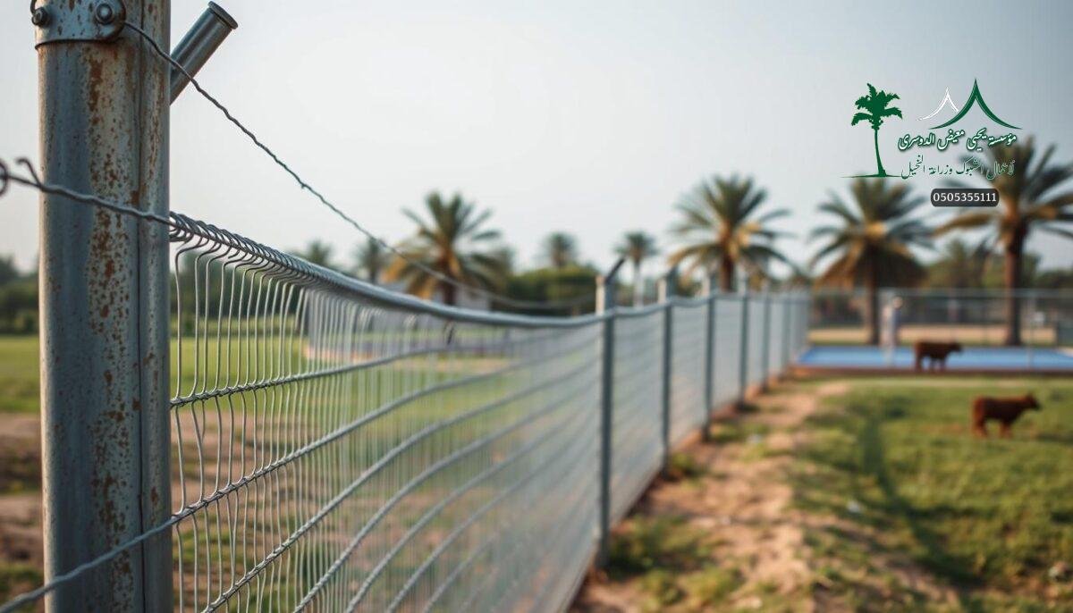 A rustic wire mesh fence stands tall, its sturdy frame weathered by the elements. In the foreground, a well-maintained stretch of fence, its metallic sheen catching the soft, diffused light. Trailing off into the distance, the fence meanders through a lush landscape, dotted with swaying palm trees and the occasional livestock grazing peacefully. The fence serves as a protective barrier, guarding the tranquil padel court nestled within this serene, rural setting. The overall scene conveys a sense of security, harmony, and the importance of proper fence maintenance in the Saudi Arabian countryside.