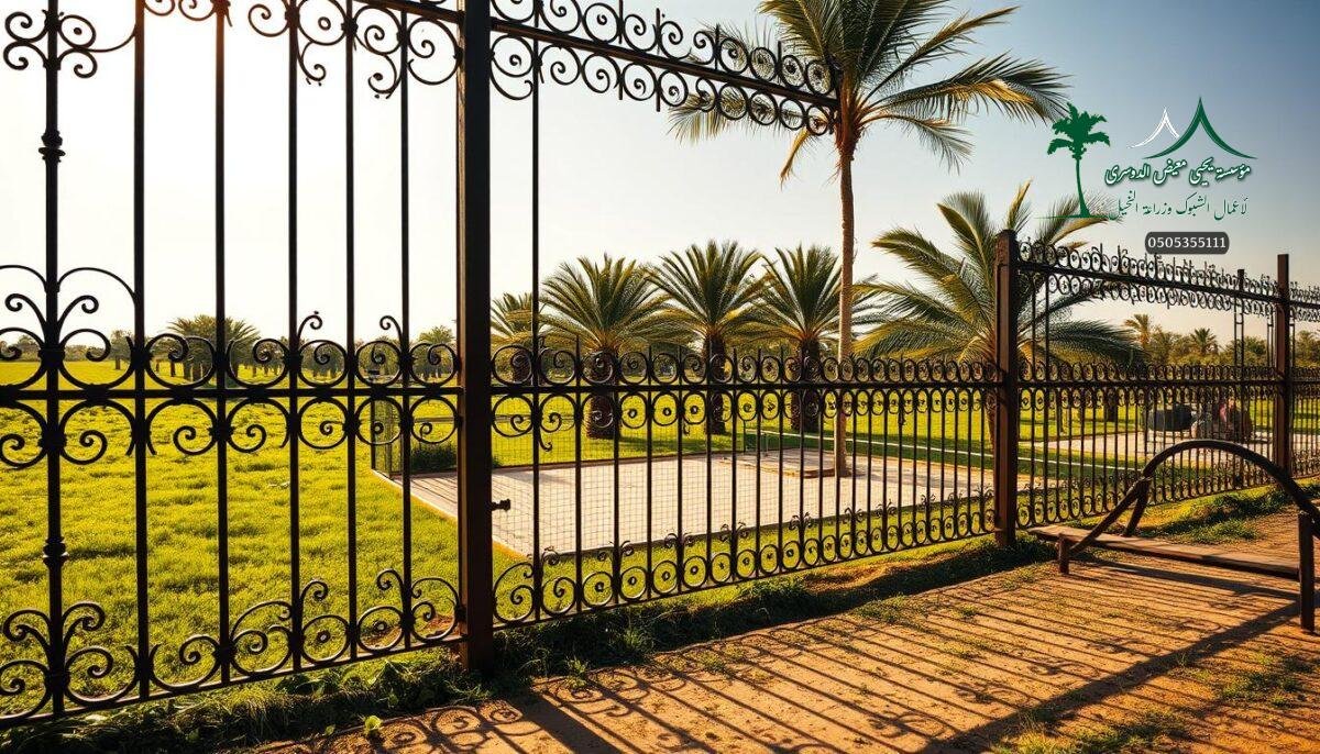 A rustic yet elegant metal security fence adorns the perimeter of a lush, verdant farm in the heart of Saudi Arabia. Intricate wrought-iron patterns cast dramatic shadows across the sun-dappled ground, creating an alluring interplay of light and texture. In the middle distance, rows of thriving palm trees sway gently in the breeze, while a small padel court nestles alongside the boundary, its smooth surface gleaming. The overall scene conveys a sense of security, tranquility and harmony, with the ornate fencing serving both practical and aesthetic purposes. Captured through a wide-angle lens with warm, golden lighting, this image exudes a welcoming, inviting atmosphere.