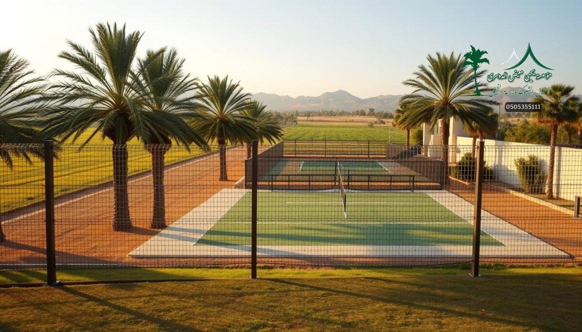 A serene Saudi Arabian landscape, with lush palm trees and a tranquil agricultural setting. In the foreground, a sleek and sturdy security fence made of high-quality steel mesh, seamlessly blending with the natural surroundings. The fence casts soft shadows, creating a sense of depth and dimension. In the middle ground, a padel court with a well-designed barrier system, ensuring both safety and aesthetics. The lighting is warm and natural, casting a golden glow across the scene. The overall atmosphere conveys a balanced harmony between functionality and environmental integration, showcasing the ideal choice for a protective and visually appealing security solution.