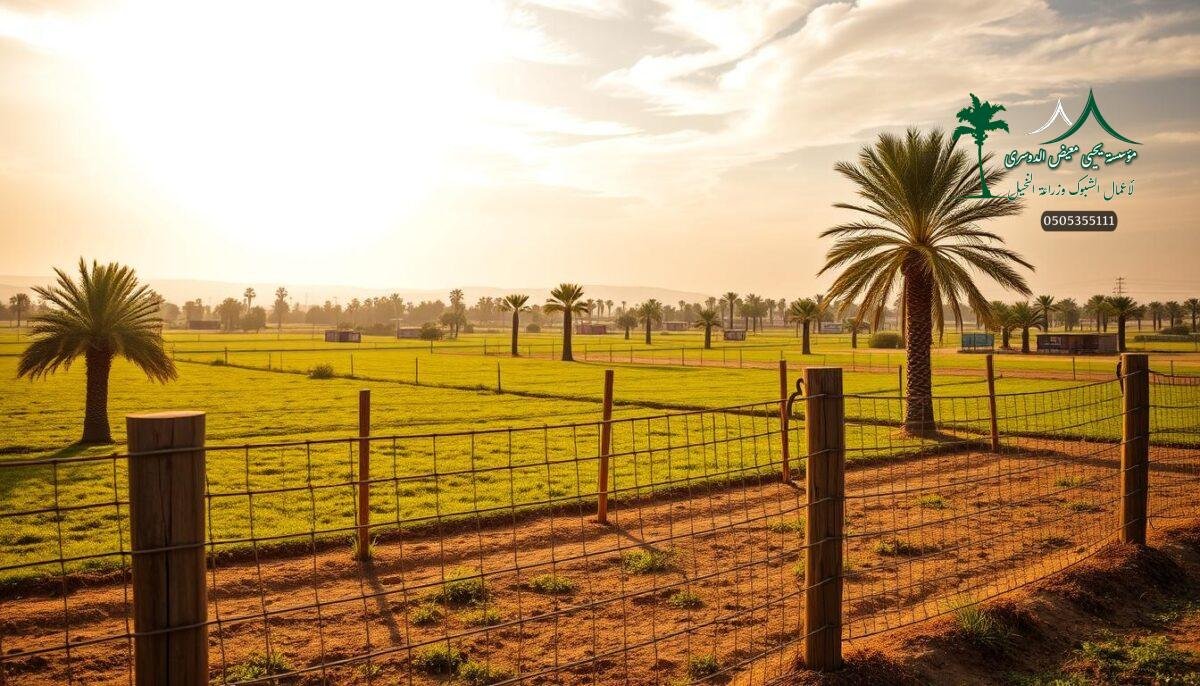 A serene rural landscape in Qassim, Saudi Arabia, showcasing a well-designed network of farm fencing. The foreground features sturdy metal mesh and wooden posts, expertly crafted to protect livestock and crops. In the middle ground, lush palm trees and verdant fields create a picturesque pastoral scene. The background is dotted with small padel courts, a testament to the region's vibrant community life. Warm golden sunlight filters through wispy clouds, casting a soft, inviting glow over the entire tableau. The fencing seamlessly blends function and aesthetics, reflecting the dedication of the local farmers to safeguarding their livelihood and the natural beauty of the land.