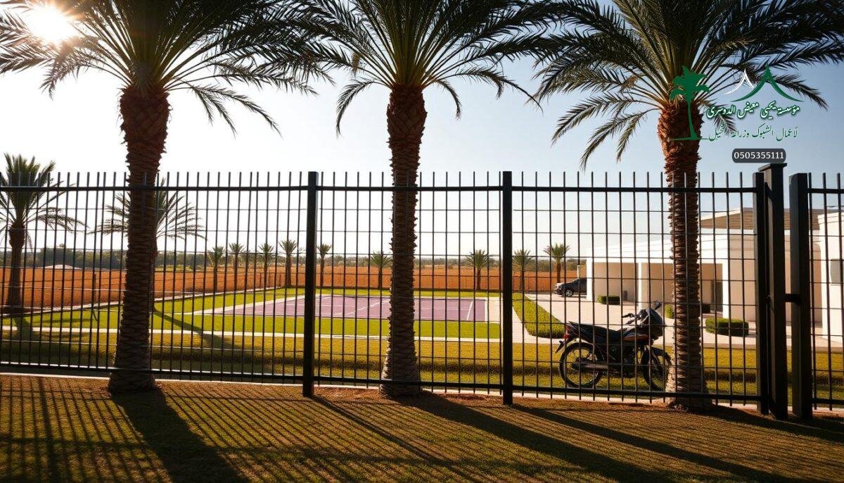 A sleek and durable security fence adorns the perimeter of a modern farmhouse, its sturdy steel bars casting long shadows across the sun-dappled landscape. In the foreground, a row of towering palm trees sways gently in the breeze, while a well-manicured padel court can be seen in the middle ground. The fence seamlessly blends form and function, providing a sense of safety and protection for the homeowners while harmonizing with the natural surroundings. The scene conveys a perfect balance of security, aesthetics, and rural tranquility, reflecting the importance of high-quality protection for both residential and commercial properties in Saudi Arabia.