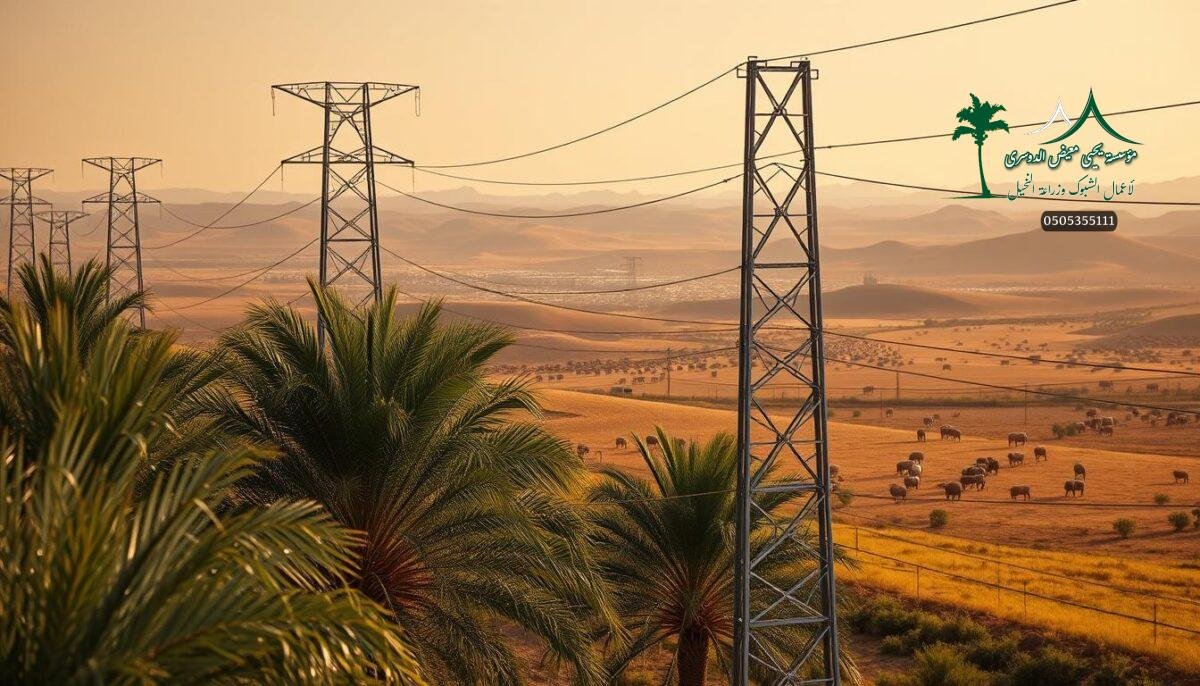 A sprawling electric fence system casts a protective barrier across a pastoral Saudi Arabian landscape. Towering metal poles support a series of intricate wire strands, their metallic sheen gleaming in the warm sunlight. In the foreground, a lush palm grove sways gently, while in the distance, a sprawling livestock farm nestles between undulating hills. The fence snakes through the scene, seamlessly integrating with the natural environment, offering a high-tech security solution to safeguard the tranquil rural setting. The scene conveys a sense of technological innovation harmoniously blended with the traditional agricultural practices of the region.