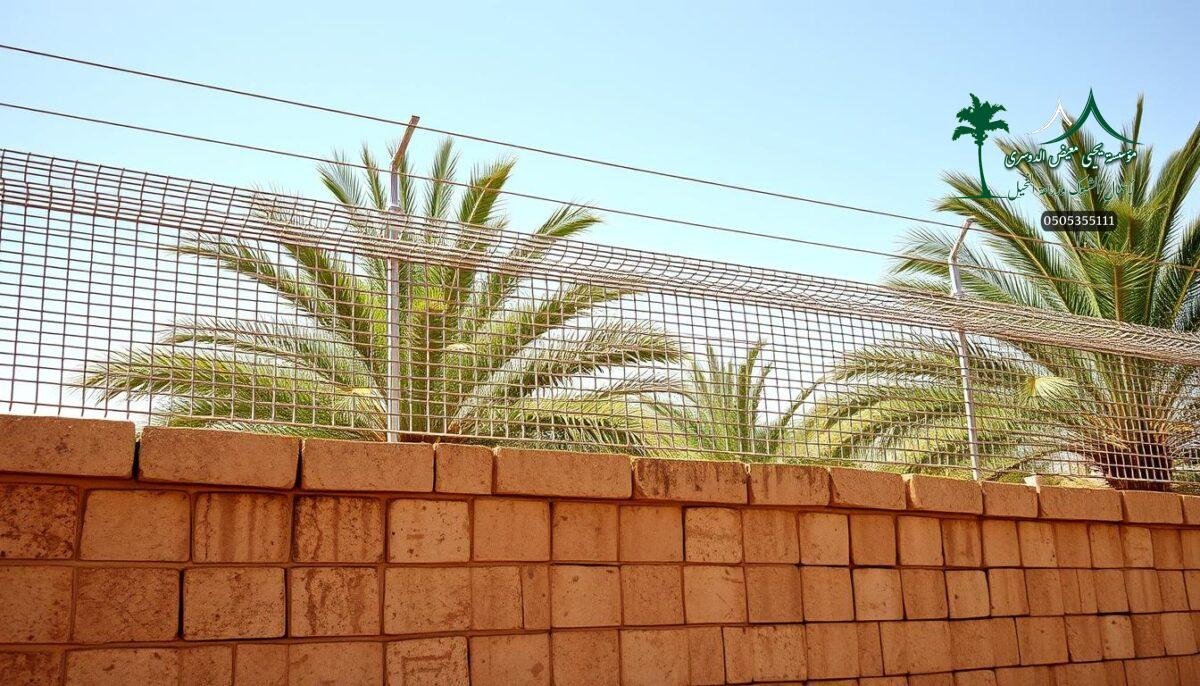 A sturdy galvanized steel mesh fence towers atop a solid masonry wall, its tightly woven strands casting intricate shadows across the surface. The fence's metallic sheen gleams under the bright desert sun, conveying a sense of robust security and resilience. In the background, lush palm fronds sway gently, hinting at the thriving agricultural landscapes the fence aims to protect. The composition captures the perfect balance between practical functionality and aesthetic integration within the rural Saudi Arabian setting.