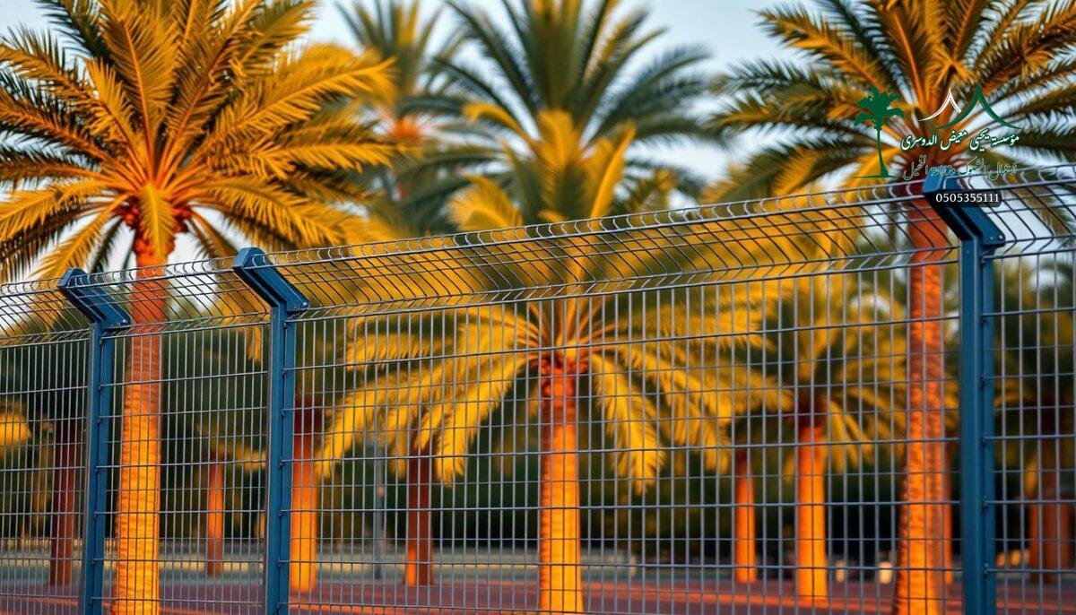 A sturdy, high-quality wire mesh fence with a sleek, industrial design, optimized for professional sports fields and recreational facilities. Rigid steel posts and horizontal rails provide a strong, durable framework, while the fine-gauge wire mesh offers excellent visibility and protection. The fencing is set against a backdrop of lush palm groves, evoking a quintessential Saudi Arabian landscape. Warm, golden lighting casts a soft glow, creating a welcoming atmosphere for athletes and spectators alike. The fencing seamlessly blends functionality and aesthetics, reflecting the professionalism and attention to detail expected in modern sports infrastructure.