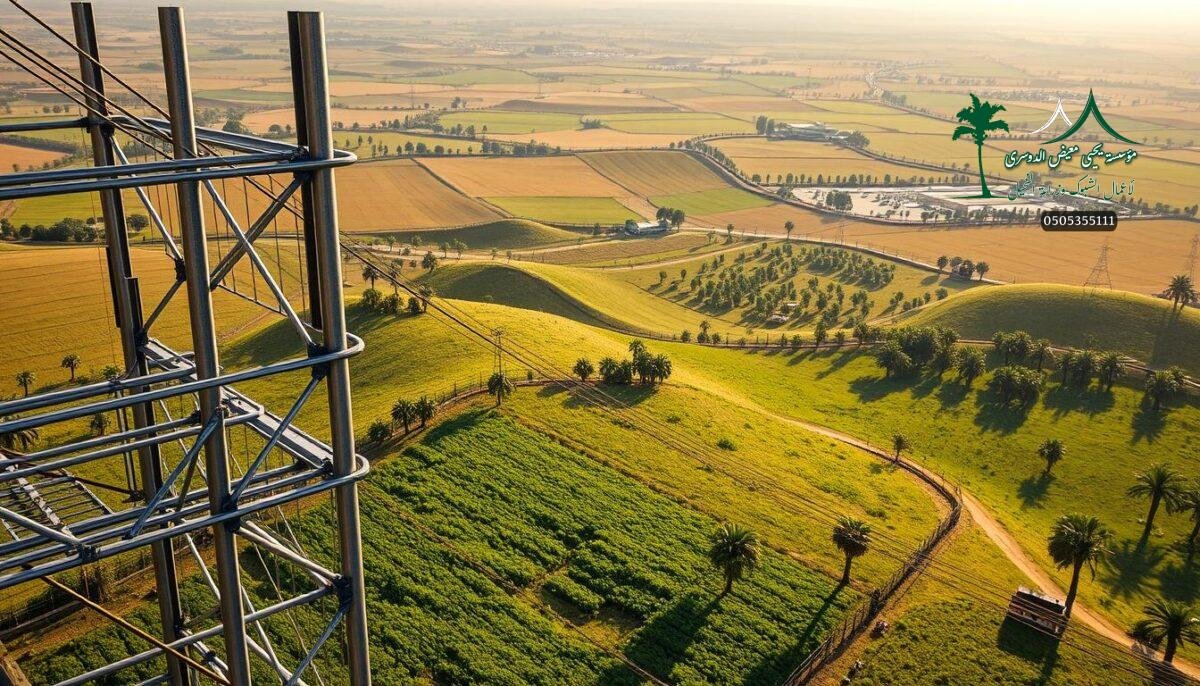 A towering metal fence system stands steadfast, its intricate lattice of sturdy wires and robust posts casting long shadows across a sprawling Saudi Arabian landscape. The fence weaves through rolling fields of lush palm groves and verdant livestock pastures, providing reliable protection and security for the thriving rural community. Sunlight glints off the smooth, galvanized steel, imbuing the scene with a sense of strength and reliability. The fence's modular design allows for seamless integration with the natural terrain, creating a harmonious blend of functionality and aesthetics. This is "الشبوك الحديدية" - a testament to the enduring quality and innovative engineering that safeguards the Kingdom's agricultural assets and the well-being of its people.