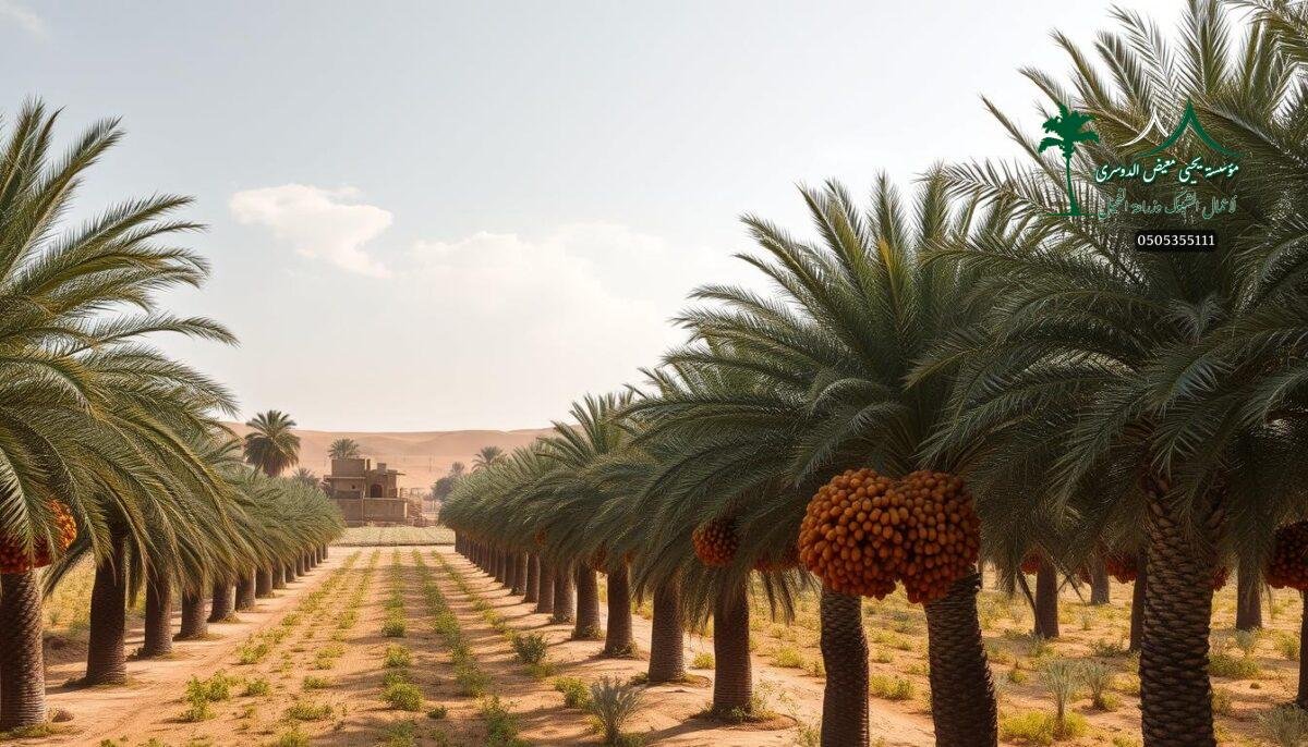 A tranquil Saudi date palm farm at the height of the harvest season. Rows of tall, robust date palm trees sway gently in the warm desert breeze, their lush green fronds casting dappled shadows across the sun-drenched fields below. Clusters of ripe, golden-brown dates hang in heavy bunches, ready for the careful and experienced hands of the local farmers to gather. In the distance, traditional Saudi adobe houses and structures dot the arid landscape, adding to the timeless, rustic atmosphere. Soft, natural lighting filters through wispy clouds, illuminating the scene with a serene, almost ethereal quality. This is the culmination of months of patient cultivation, a bountiful harvest of the region's most iconic and revered fruit.