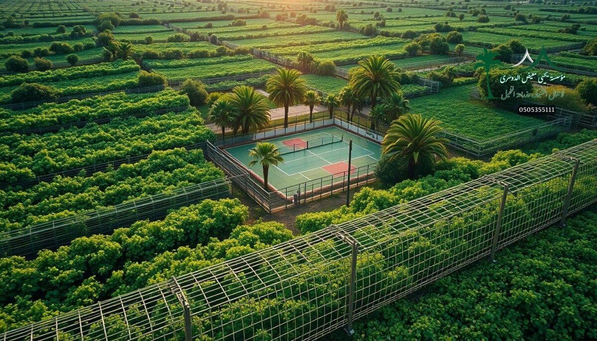 A vast expanse of lush greenery, punctuated by rows of sturdy, intricately woven wire mesh fences. The sun casts a warm glow, illuminating the intricate patterns of the fencing, which stands as a testament to its purpose - to safeguard the thriving farms and livestock enclosures within. In the distance, a padel court nestles amidst the palm trees, its boundaries also defined by the same meticulous fencing. The scene conveys a sense of security, order, and the harmonious integration of modern agricultural and recreational practices, all enabled by the strategic placement and careful construction of these versatile and reliable fencing systems.