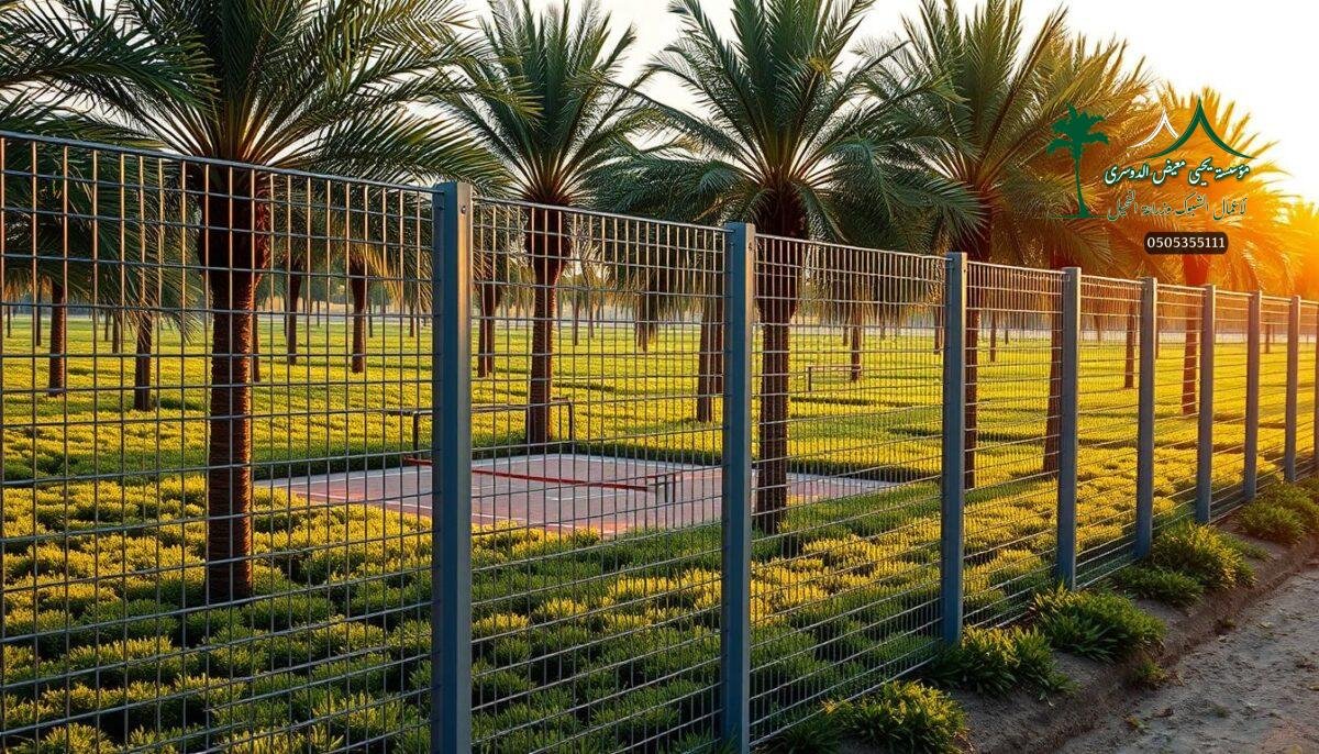 A vast expanse of verdant farmland, dotted with swaying palm trees, sets the stage. In the foreground, a sleek, meticulously crafted fence system stands tall, its sturdy metal bars and intricate woven mesh creating a seamless barrier. The fence's modern design blends seamlessly with the rustic, pastoral setting, providing a sense of security and protection for the small padel courts nestled within. Warm, golden sunlight filters through the lush foliage, casting a gentle glow over the scene. The fence's clean lines and attention to detail reflect the professionalism and high-quality craftsmanship of the installation, offering a glimpse into the integral role these protective structures play in safeguarding the thriving sports facilities of Saudi Arabia.