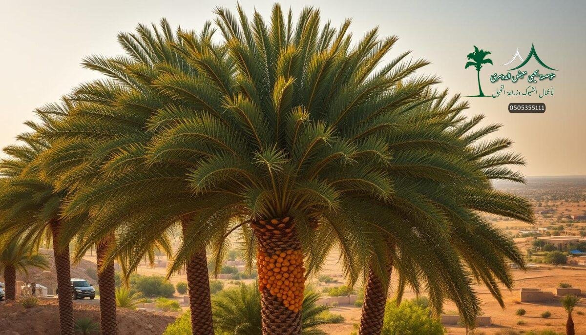 A verdant date palm grove, the Barhi variety, stands tall in a traditional Saudi landscape. The thick, luscious fronds sway gently in the warm desert breeze, their golden-hued fruits hanging in bountiful clusters. The mid-afternoon sun casts a soft, golden glow over the scene, illuminating the rugged terrain and vibrant greenery that surrounds the thriving palm trees. In the distance, a patchwork of agricultural fields and modest structures dot the horizon, completing the quintessential Saudi Arabian pastoral setting. A serene, harmonious composition that captures the essence of this prized, locally-grown date palm species.