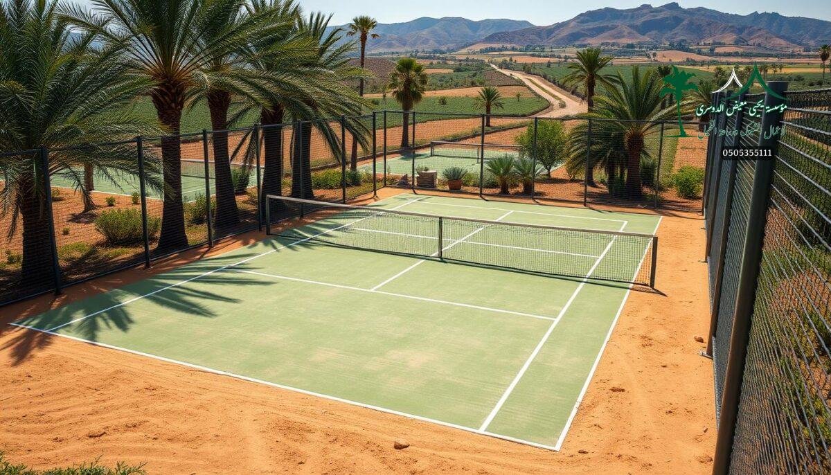 A verdant padel court nestled amidst lush palm groves and rolling farmlands, its sturdy metal mesh fencing casting intricate shadows across the sun-dappled surface. Sleek, high-tensile steel posts support the expertly woven barrier, designed to withstand the rigors of play while seamlessly blending with the rustic, rural landscape. The court's clean, minimalist lines and warm, earthy tones evoke a sense of modern, yet organic harmony, inviting players to immerse themselves in the game against the backdrop of Saudi Arabia's picturesque countryside.