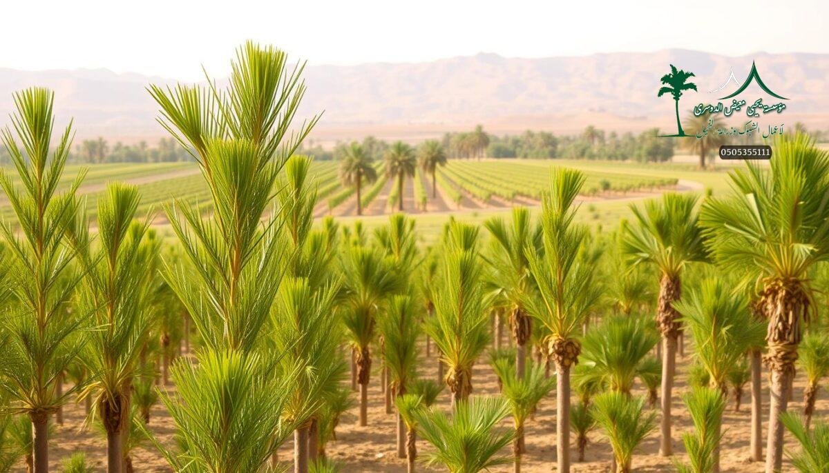 A vibrant and lush date palm nursery in the heart of the Saudi countryside, showcasing an array of thriving palm saplings ready for planting. The foreground features a variety of healthy, robust date palm offshoots with lush green fronds, their trunks standing tall and sturdy. The middle ground reveals a serene agricultural landscape, with rows of mature date palms dotting the horizon, their golden fruits glistening in the warm, diffused sunlight. The background is dominated by the characteristic rolling hills and expansive desert terrain of the Saudi landscape, lending an air of timeless tradition and natural abundance. The scene evokes a sense of tranquility and the promise of a bountiful harvest, inviting the viewer to envision the potential of these resilient and productive date palm saplings.