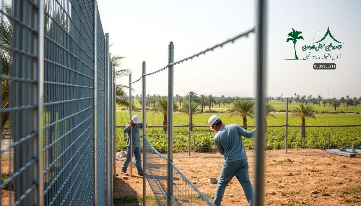 A well-lit, high-resolution image depicting the professional installation of sports court fencing in a rural Saudi Arabian setting. The foreground showcases the intricate process of erecting the sturdy, galvanized steel mesh panels, with workers carefully aligning and securing the framework. In the middle ground, lush palm groves and verdant farmland provide a picturesque backdrop, hinting at the idyllic countryside locale. The image captures the technical expertise and meticulous attention to detail required to construct these durable, high-quality sports court enclosures, reflecting the craftsmanship and professionalism of the Yahia Muayyad Al-Dosari Establishment.