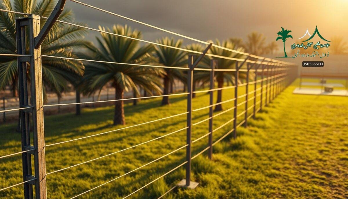 Detailed high-resolution image of a modern electric fence system in a rural Saudi Arabian setting. A sturdy metal frame supports parallel rows of thick electrified wires, creating an imposing barrier. The fence stretches across a lush green field dotted with swaying palm trees. In the background, a small padel court adds visual interest. Warm, golden sunlight bathes the scene, casting long shadows. The fence appears robust and well-maintained, conveying a sense of reliable security and protection. The overall composition emphasizes the practical yet visually striking nature of this advanced agricultural and safety technology.