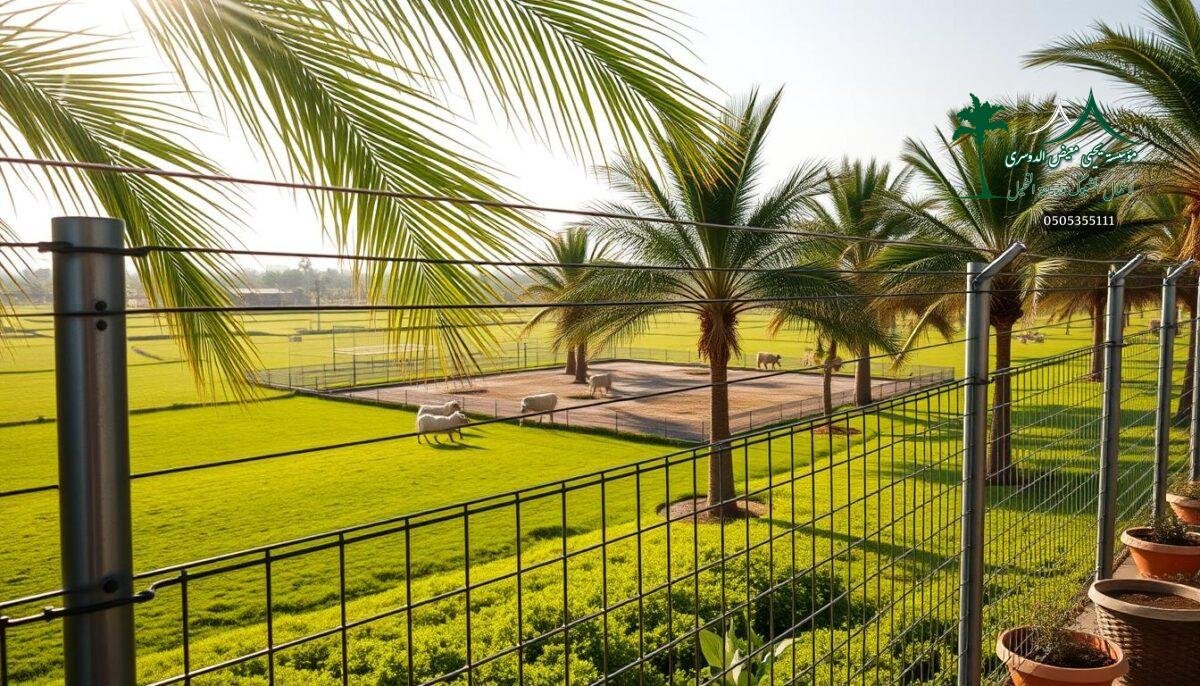 Detailed image of high-quality protective fencing installations in a lush, verdant Saudi Arabian countryside. A seamless blend of sleek metal posts and dense wire mesh creates sturdy, secure boundaries around expansive farmland. Sunlight filters through swaying palm fronds, casting warm, natural lighting across the scene. In the middle ground, glimpses of livestock and small sports courts emerge, hinting at the diverse activities this robust fencing supports. A sense of order, function, and environmental harmony permeates the composition, showcasing the versatility and craftsmanship of the featured fencing solutions.