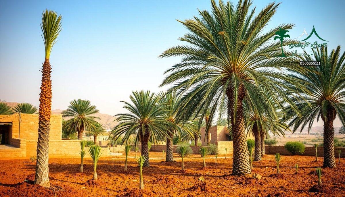 Detailed steps of growing date palm trees in a lush Saudi farm. In the foreground, several young date palm saplings being carefully planted into the rich, fertile soil. In the middle ground, mature date palms sway gently in a warm breeze, their large green fronds and heavy clusters of golden-brown dates. The background features the traditional adobe houses and mud-brick walls of a typical Saudi Arabian agricultural settlement, set against a hazy desert landscape under a cloudless, sun-dappled sky. Warm natural lighting highlights the intricate textures of the palms, the earthy tones of the buildings, and the verdant greenery of the farm.
