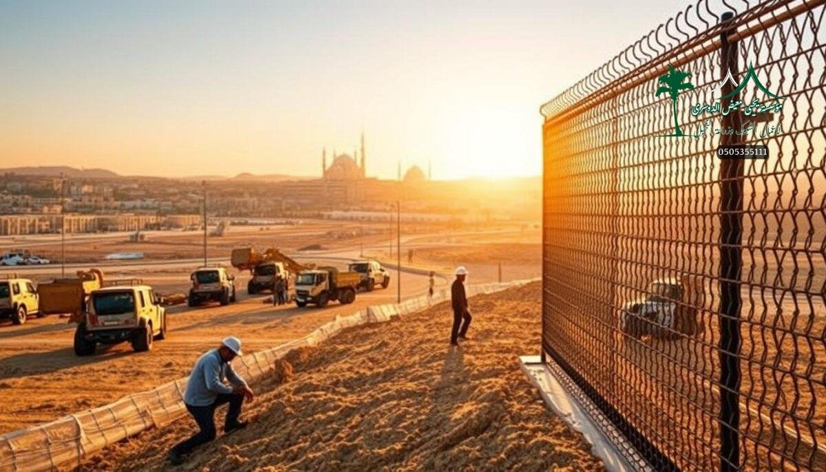 A bustling construction site in the heart of Najran, Saudi Arabia. In the foreground, skilled workers meticulously install a sturdy iron fence, its intricate mesh pattern casting dramatic shadows across the rugged terrain. The mid-ground features a fleet of modern machinery, their gleaming surfaces reflecting the warm, golden light of the desert sun. In the background, the iconic architecture of Najran's cityscape rises, a harmonious blend of traditional and contemporary design. The scene exudes a sense of efficiency and professionalism, as the project unfolds with precision and care, showcasing the expertise of the Yahya Mu'ayd Al-Dawsari Establishment.