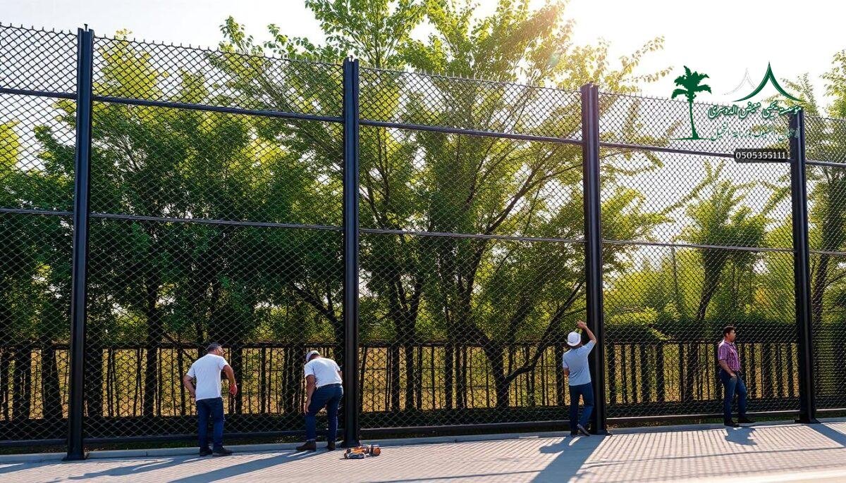 A contemporary fence design for the city of Dammam in 2026. A striking metal mesh fence, sleek and modern, stands tall against a backdrop of lush greenery. Sunlight filters through the intricate patterns, casting intricate shadows on the ground. In the foreground, skilled workers carefully install the modular panels, ensuring a seamless and secure perimeter. The fence embodies both function and aesthetic, blending effortlessly into the urban landscape. A perfect balance of form and function, this fence represents the future of security solutions in Dammam.