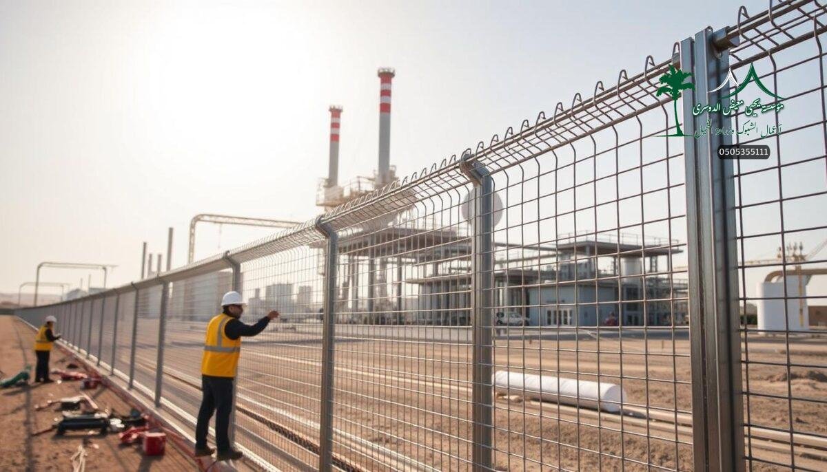 A contemporary, high-tech metal mesh fence system in Jubail, Saudi Arabia. The foreground depicts workers carefully installing the durable, corrosion-resistant woven wire panels, crafted from sturdy yet lightweight materials. In the middle ground, the fence seamlessly blends form and function, presenting a sleek, minimalist design that enhances security without compromising aesthetics. The background showcases the modern, industrial landscape of Jubail, with gleaming steel structures and a vibrant, sun-drenched sky. The overall scene conveys a sense of advanced technology, rigorous safety standards, and a commitment to creating a secure, visually appealing environment.